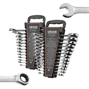 VEVOR  Combination Wrench Set, 26-Piece SAE and Metric, 72 Teeth, Cr-V Steel Ratcheting Wrench Set, with Rack Organizer, Open End, Clear Size Labels, for General Household, Automotive Repairs, Silver, Tools For Mechanics