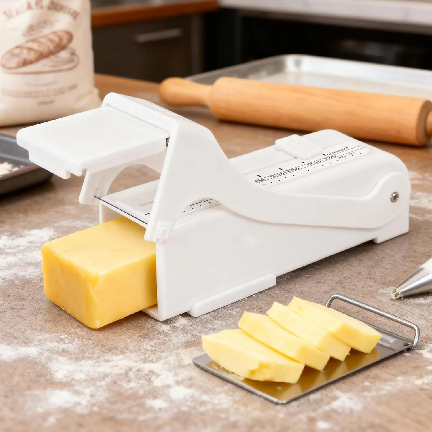 Butter Cutter & Slicer, Adjustable Thickness, Stainless Steel Wire, One-Click Measuring Dispenser & Keeper for Breakfast & Baking, Food-Grade Plastic, White
