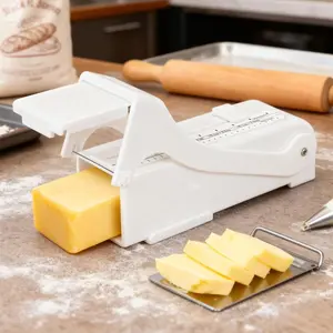 Butter Cutter & Slicer, Adjustable Thickness, Stainless Steel Wire, One-Click Measuring Dispenser & Keeper for Breakfast & Baking, Food-Grade Plastic, White