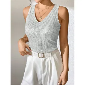 Elegant Women's Sequined V-Neck Sleeveless Vest, Sexy and Chic, Perfect for Parties, Festivals, and Special Occasions