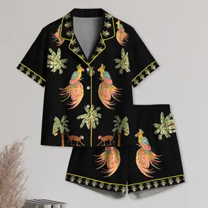 Women’s Coconut Tree Peacock Monkey Plant Short Sleeve Satin Pajama Set