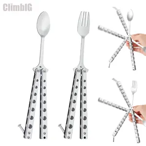 Tactical Butterfly Fork Spoon 2 in 1, Stainless Steel Balisong Trainer Cutlery, EDC Pocket Multitool, Hunting Camping Survival Gear & Outdoor BBQ Supplies