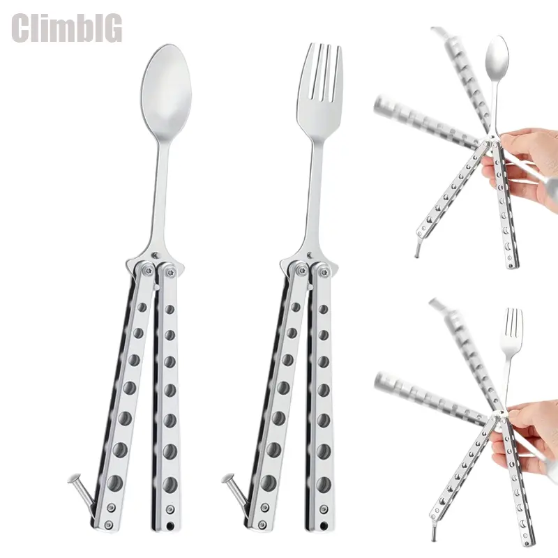 Tactical Butterfly Fork Spoon 2 in 1, Stainless Steel Balisong Trainer Cutlery, Foldable Butterfly Trainer Balisong, EDC Pocket Multitool, HuntinFoldable Butterfly Trainer Balisongg Camping Survival Gear & Outdoor BBQ Supplies