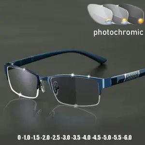 Business Men's Photochromic Myopia Glasses Unisex Half Frame Square Near Sight Eyeglasses Optical Prescription Minus Eyewear