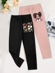 2-Piece Girls' Fashion Casual Leggings | Cartoon Flowers & Girl Face Prints | Sweet Trendy Daily Wear