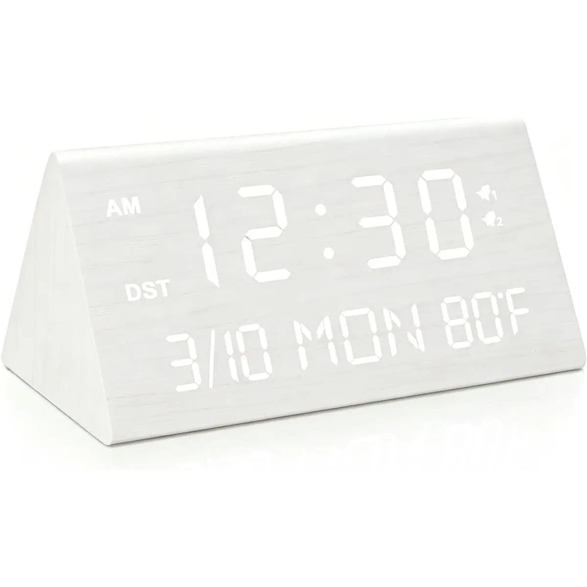 Kogonee Wooden Digital Alarm Clock, 0-100% Dimmer, 2 Alarm Settings, Weekday/Everyday Mode, 9 Mins Snooze, 12/24H, Temperature and Date Display for Office, Travel, Bedroom Alarm Clock (White)