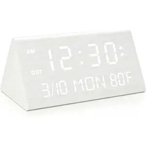 Kogonee Wooden Digital Alarm Clock, 0-100% Dimmer, 2 Alarm Settings, Weekday/Everyday Mode, 9 Mins Snooze, 12/24H, Temperature and Date Display for Office, Travel, Bedroom Alarm Clock (White)