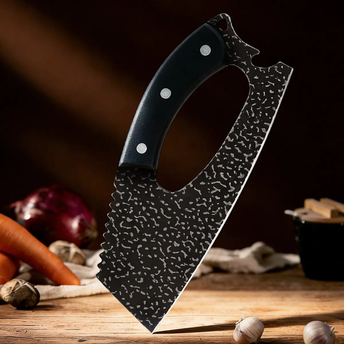 Ergonomic Stainless Steel Chef Knife - 8.5" Length Ultra-Sharp Serrated Blade, Anti-Slip Handle, Effort-Saving Meat Prep & Food Preparation Tool, Essential Kitchen Knives for Outdoor Camping