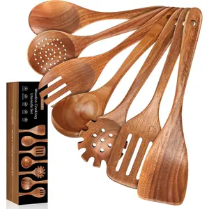 7 PCS Wooden Spoons for Cooking Natural Teak Kitchen Utensils Smooth Non-Stick Surface Cooking Utensils Set Soft Comfort-Grip Wooden Utensils for Cooking