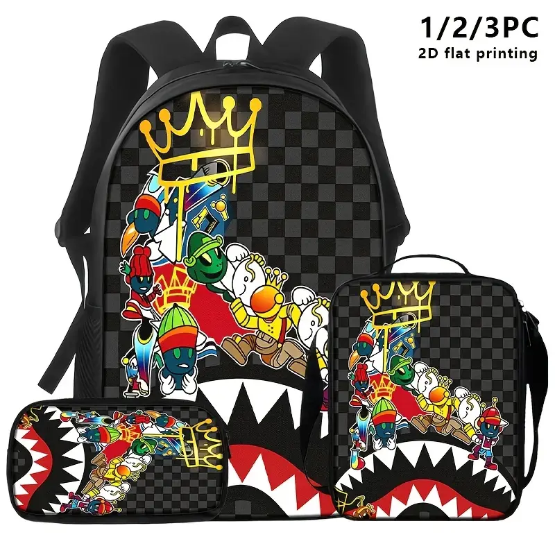 1/2/3pcs Street Art-Inspired Backpacks, Shoulder Bags & Pencil Cases - Black & Checkerboard Base, Cartoon Character & Shark Mouth Designs, Golden Crown Accent