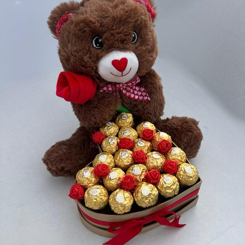 Brown Teddy Bear in Chocolate Heart Box with Red Roses and Chocolates - Ideal Snack and Dessert Ferrero Rocher