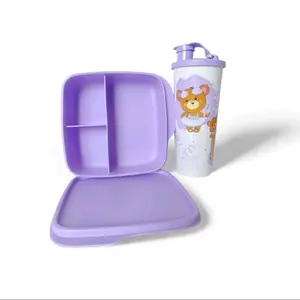 Eco Lunch and Cup Set - Purple Divided Bento Box with Teddy Bear Design and Matching Cup for Kids