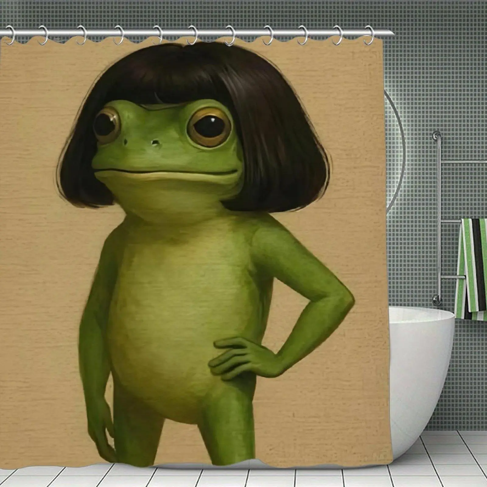 Waterproof Stylized Frog With Bob Haircut Print Shower Curtain, Weird Funny Meme Bathroom Decor for Home Bathroom Supplies, Shower Curtains