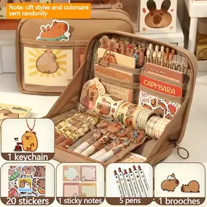 Cute Hamster Pencil Case Set, 29 Piece Desk Supplies Set Stationery Organizer with Bag Tag, Stickers, Keychain, Brooches, Notebooks & Pens, Learning Tool, School Supplies