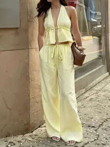 Women's Summer 2 Pcs Outfit, Halter V Neck Backless Striped Colorblock Fitted Camisole Crop Top and Wide Leg Pants Two-Piece Set, Casual Vacation Holiday Travel Stylish Fashion Chic 2 Piece Set, Women Pants Set, Summer Outfit for Women