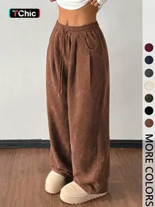 Women's Vintage Loose-Fitting Solid Corduroy Drawstring Adjustable Pants, Casual All-Season Straight Leg Trousers for Autumn & Winter Valentine's Day
