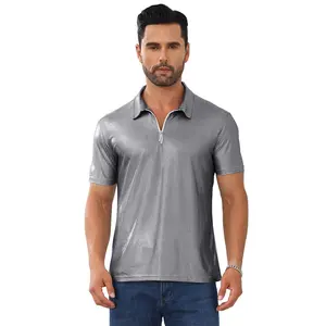 Clearlove Metallic Button Down Shirt Short Sleeve Collar Glitter Top,Silver,L