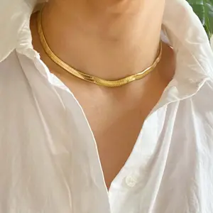 Classic Chunky Herringbone Chain Necklace - 18K Gold Plated, Tarnish Resistant, 5mm Width, Perfect for Layering, Lead & Nickel Free