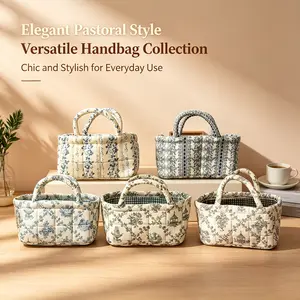 French-style vine print quilted storage basket — vintage, elegant carry-all multipurpose tote basket