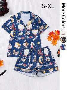 2 pieces of women's Halloween witch hat skull crystal ball butterfly print short sleeved shorts comfortable lapel pajama set knitted top pocket elastic waistband suitable for all seasons casual classic home wear