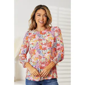 Double Take Floral Print Long Puff Sleeve Blouse Casual Polyester