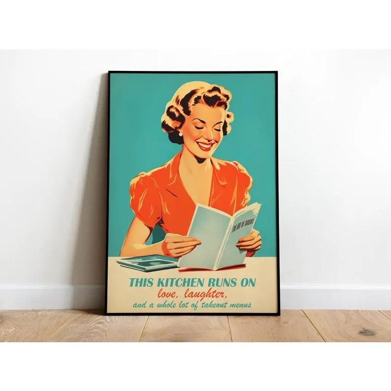 Retro Kitchen Poster. Funny Kitchen Art 50s Style Posters Retro Cooking Quote. Happy Housewife Prints Cooking Poster