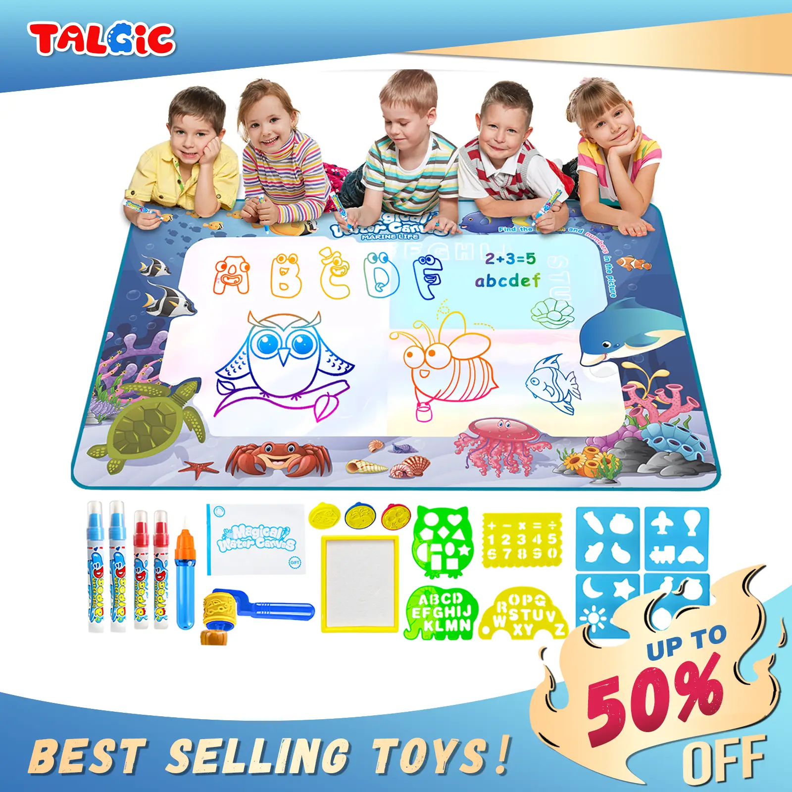 Water Doodle Mat Painting mat Alphabet DIY Painting Writing Color Doodle Drawing Mat Toy Instant Drying with Magic Pens Large Canvas Educational Toys