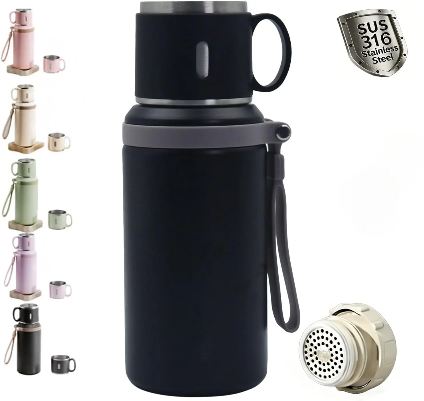 2 In 1 Stainless Steel Vacuum Insulated Bottle With Lidded Cup, 316 Stainless Steel, Keep Drinks Hot Cold, 600/800ML Portable Leakproof Large Capacity Coffee Bottles (Blcak,600ML)