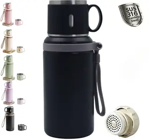 2 In 1 Stainless Steel Vacuum Insulated Bottle With Lidded Cup, 316 Stainless Steel, Keep Drinks Hot Cold, 600/800ML Portable Leakproof Large Capacity Coffee Bottles (Blcak,600ML)