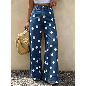 Spring Summer New High-Waisted Elastic Women's Jeans, Casual Wide Leg Pants, Polka Dot Design, Fitted Long Regular Fit, Everyday