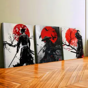 3Pcs Wooden Framed Canvas Painting, Red Sun Samurai And Cherry Blossoms Images, Exquisite Poster, Home Decoration, Pattern Wall Art Decor, For Living Room, Bedroom, Office, Restaurant, Bar Wall Decor, Odorless, Painting, Print Artwork.
