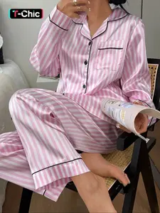 Women's Striped Button Front Shirt & Elastic Waist Pants Set, Soft Fabric Long Sleeve Casual Home Wear Loungewear Pajama Set for All Seasons