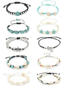 Natural 10 Pcs Seaside Shell Turtle Ankle Bracelets Handmade Anklets Jewelry Set for Women Men Adjustable Natural Cowrie Shell Beach Bead Anklets