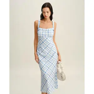 Rihoas Women's Chic Lady Blue Plaid Polyester Waisted Square Neck Button Slip Midi Casual Fit Dress, Soft Fabric Clothes