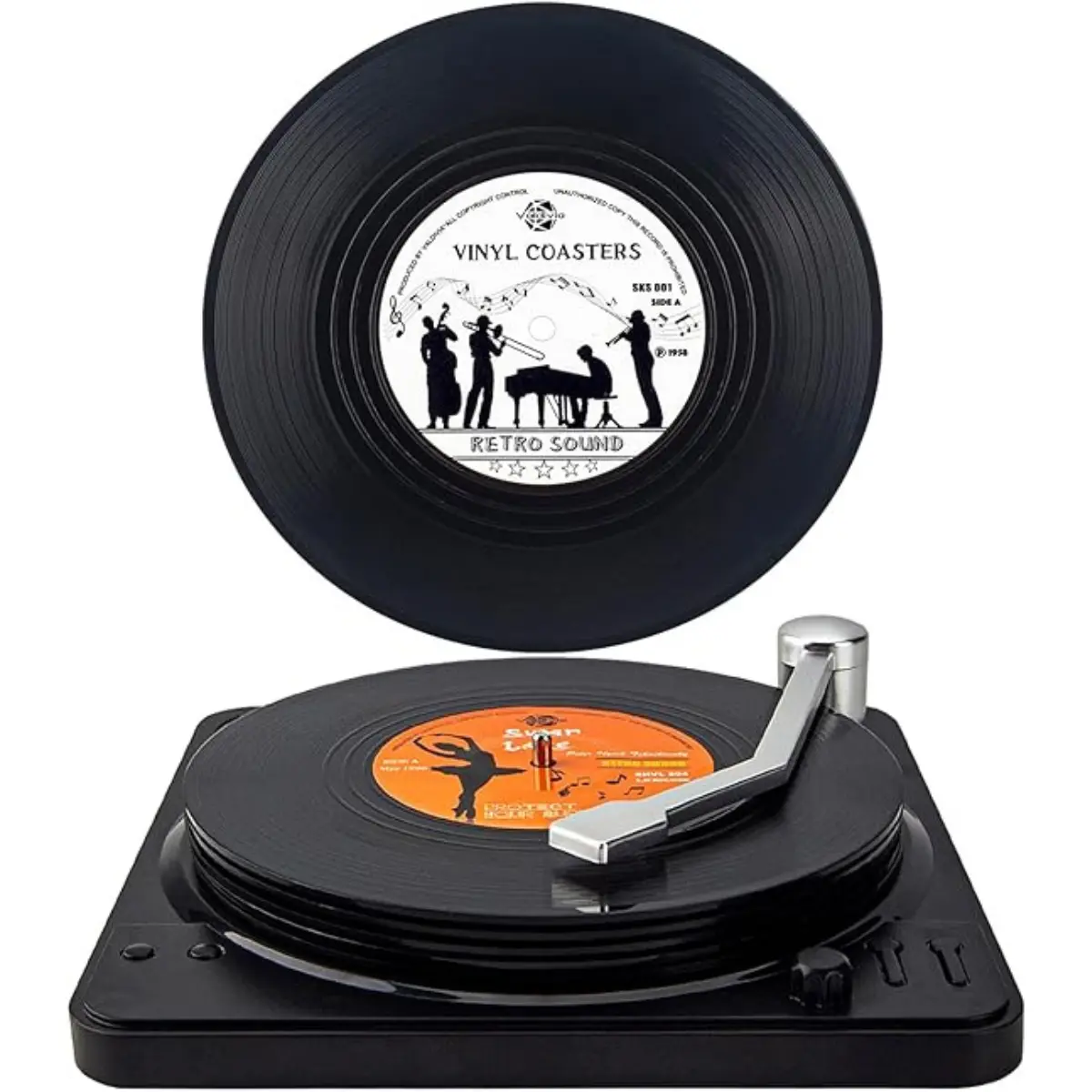 Funny Retro Vinyl Record Coasters with Player and Unique Labels, Valdivia 6 Pcs Music Coasters for Drinks, Bars, Party, Office, Gifts for Music Lovers, Christmas, Home Decor Housewarming Gifts Ideas