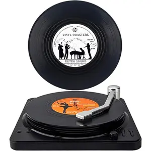 Funny Retro Vinyl Record Coasters with Player and Unique Labels, Valdivia 6 Pcs Music Coasters for Drinks, Bars, Party, Office, Gifts for Music Lovers, Christmas, Home Decor Housewarming Gifts Ideas