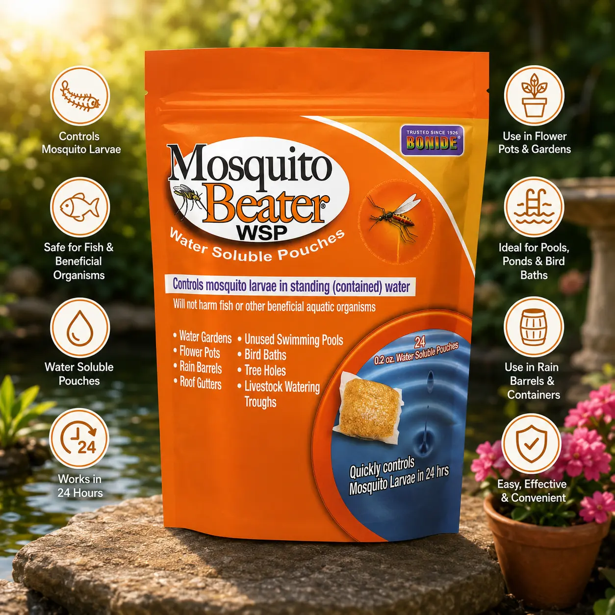 Bonide Mosquito Beater Water Soluble Pouches (24-Pack) – Mosquito Larvae Control for Standing Water, Fish-Safe Pest Control, German Cockroach Gel Bait Insecticide