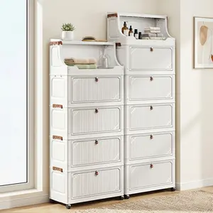 Cream White Dual Open Foldable Storage Cabinet with Top Shelf & Magnetic Flip Door, Tool-Free Assembly Rolling Storage Bin on Lockable Wheels, Stackable Plastic Clothes Organizer for Bedroom, Bathroom, Living Room, Small Apartment