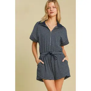 Umgee Full Size Half Zip Striped Romper Plus Size