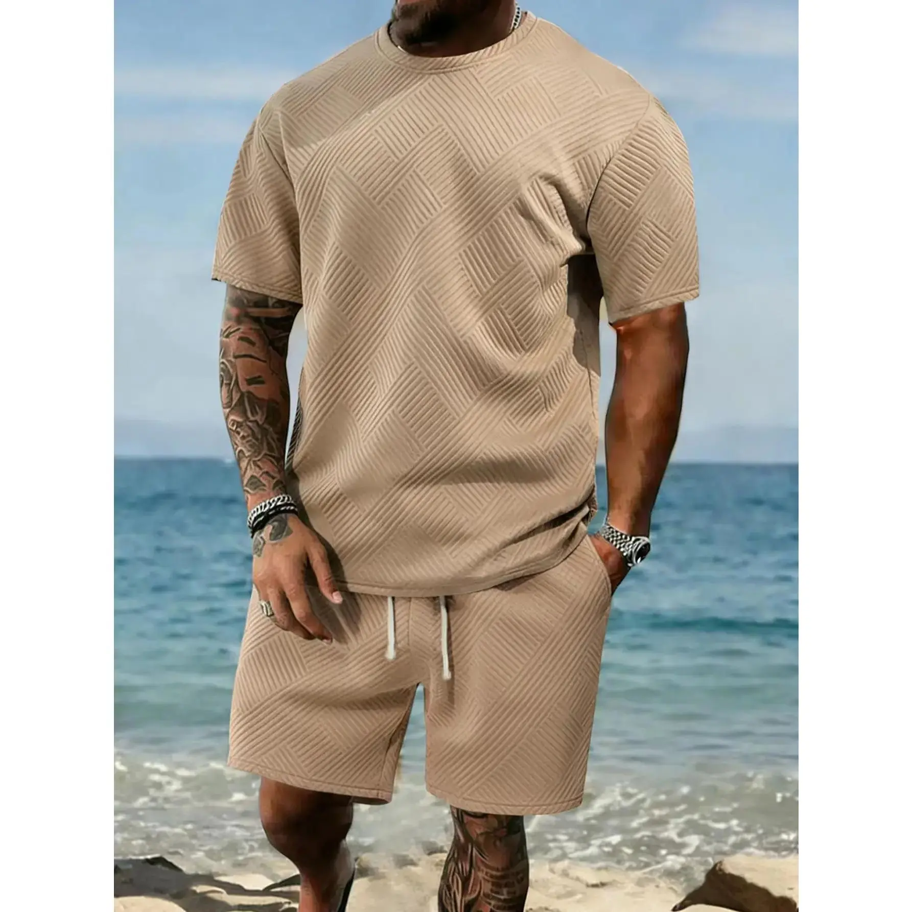 Men's Solid Polo Shirt & Drawstring Waist Shorts Set, Cozy Breathable Two-piece Outfits for Daily Outdoor Wear, Men Clothes for Summer. tiktokshopspringglowup sohochic