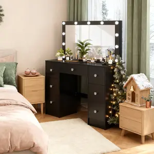 Black Vanity Table Set Dressing Table w/ Stool and 6 Drawers, Bedroom Makeup Desk with Hollywood Sliding Mirror & 10 LED Lights Dimmable