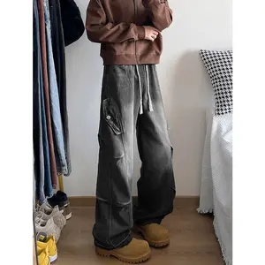 Spring pleated washed workwear jeans with oversized design sense, cool and stylish wide leg pants, American retro deconstruction pants, men's autumn and winter styles, drawstring elastic waist soft jeans with velvet washed to make old micro flared pants