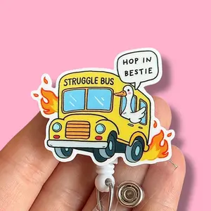 Glitter My Badge Silly goose Hop in bestie struggle bus badge reel for nurse and hospital workers. Badge clip Badge pull - Retractable swivel clip with a 360 rotation. Great gift for coworker.