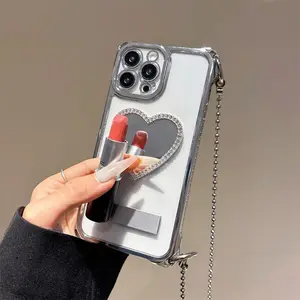 3D Love Mirror Face Chain Crossbody Phone Case with Holder, Electroplating Four Corner Anti Drop Phone Case, Phone Accessories for iPhone 11 12 13 14 15 16 Pro Max, Casing