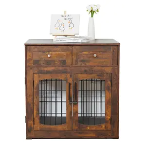 Multi-Functional Wooden Dog Crate Furniture with 3 Doors, 2 Storage Drawers & Cushion - Indoor Decorative Dog Kennel End Table for Medium/Large Dogs, 40 Inch, Farmhouse Style