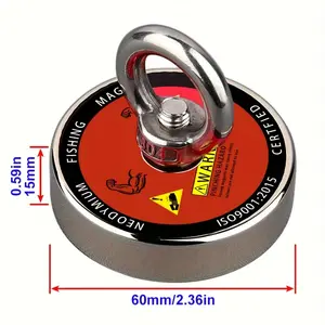 136.08kg Pull Force Fishing Magnet, Strong Magnetic, 2.36 Inch Diameter (60mm), Suitable for Rivers and Magnetic Fishing, Neodymium Iron Boron Set