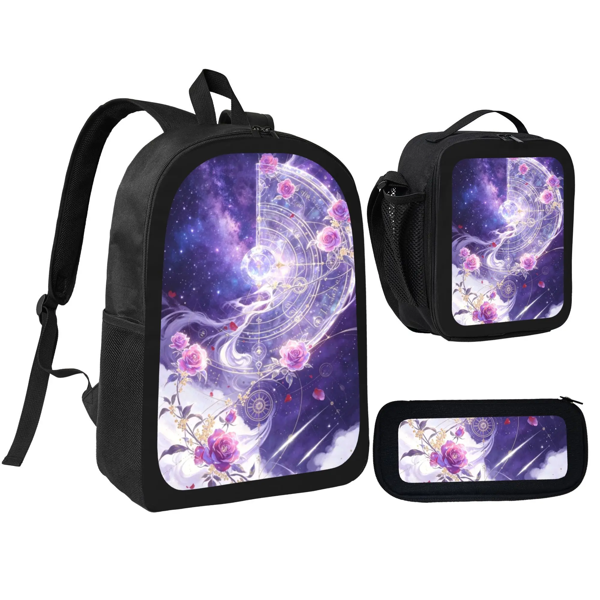 Girls' 3-Piece Back to School Backpack Set - Purple Galaxy, Magic Circle & Pink Rose Print, Lightweight Waterproof Polyester Daypack with Insulated Thermal Lunch Bag & Pencil Case, Adjustable Padded Straps
