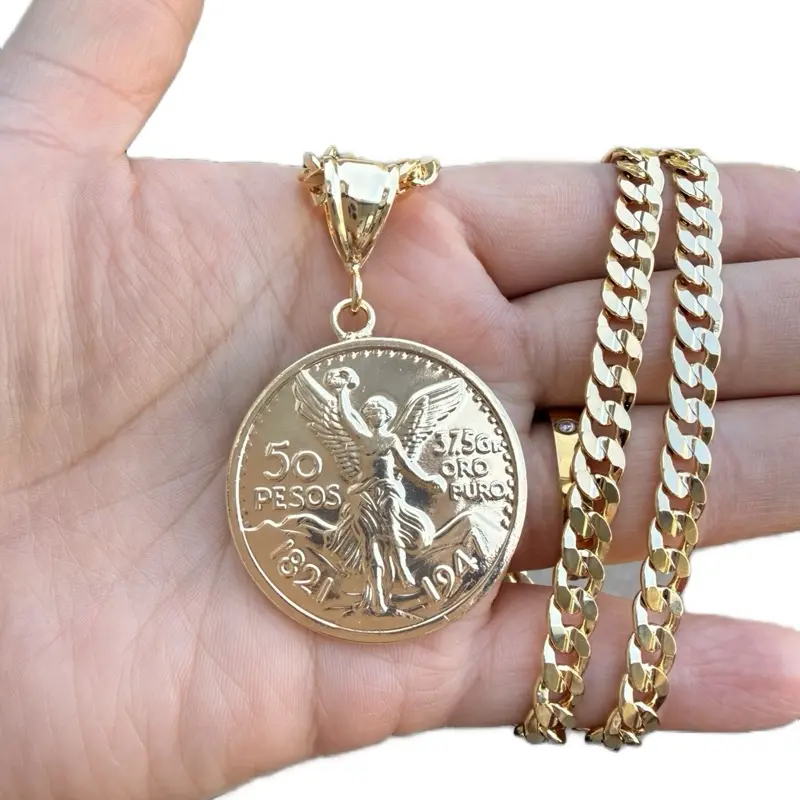 Centenario 14k Gold Plated Pendant 50 Pesos Coin Design 24” inches Concave Chain