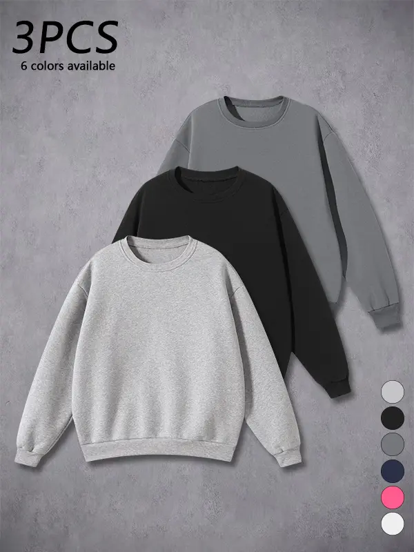 Men’s multi-pack basic crewneck pullover sweatshirts for autumn/winter, casual minimalist athletic long-sleeve base layer tops with a classic crew neck design, loose solid-color long sleeves, soft skin-friendly fabric.