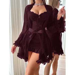 2pcs Set: 3D Floral Lace Robe + Fishbone Waist Design Lace Camisole Nightgown Lace Robe Set Lace Lingerie Set Lingerie Robe Lace Sleepwear Lingerie With Sleeves